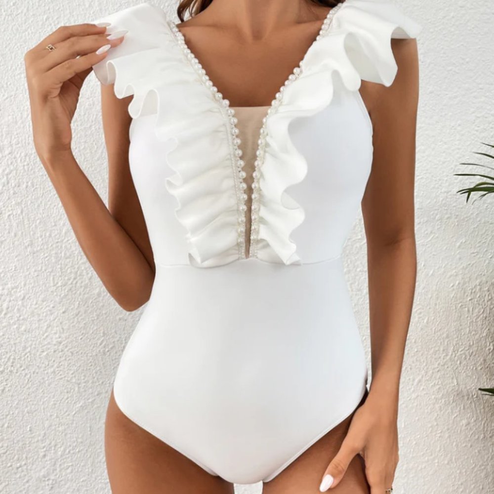 Bride Bachelorette Bathing Suit, White Bathing Suit with Pearls, White One Piece
